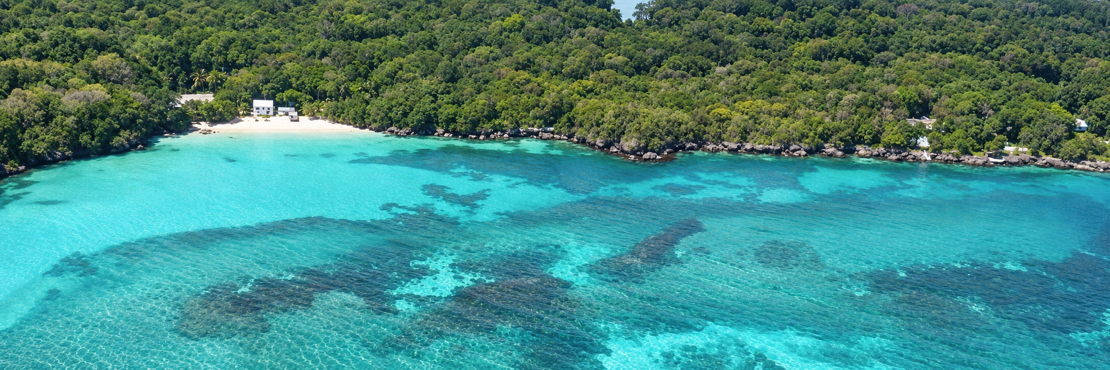 Aerial view of a Caribbean cove with turquoise shallows and reef