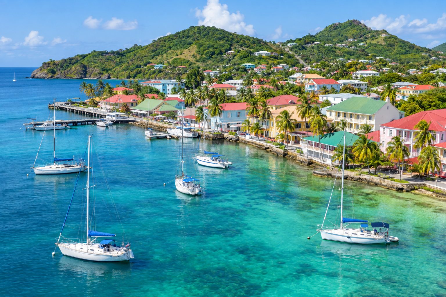 Caribbean harbour town with turquoise water, moored sailboats and colourful waterfront buildings