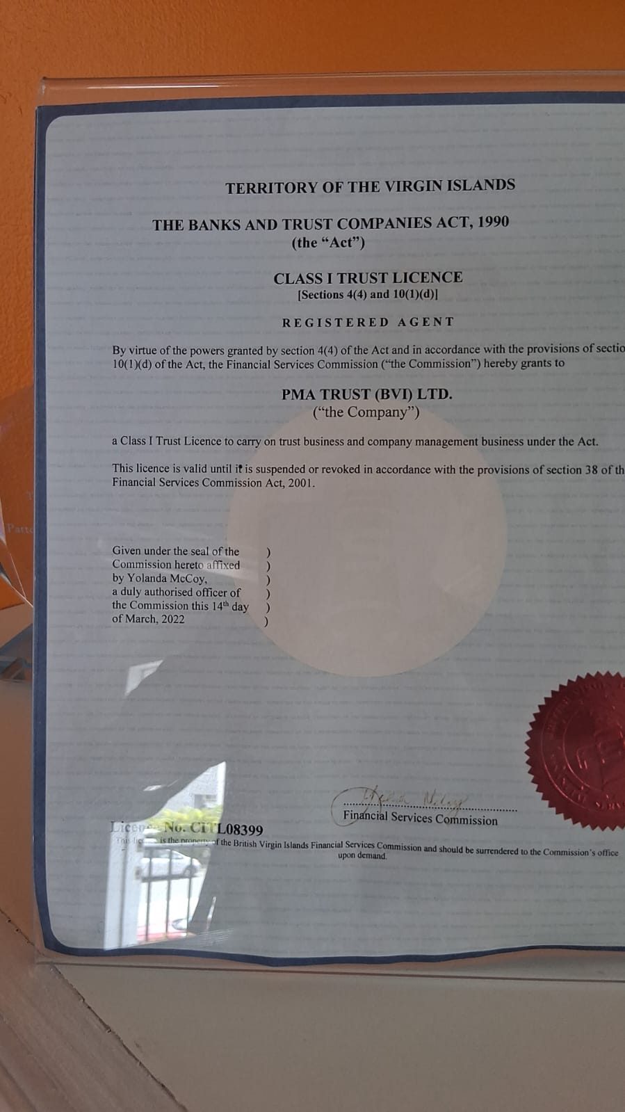 PMA Trust (BVI) Limited licence on display