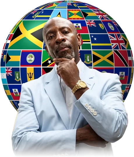 Caribbean Process Servers logo: our principal in front of a globe of Caribbean flags